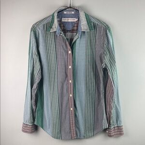 Tommy Hilfiger Green and Blue Multi-Stripe Plaid Button-Down Shirt Size S
